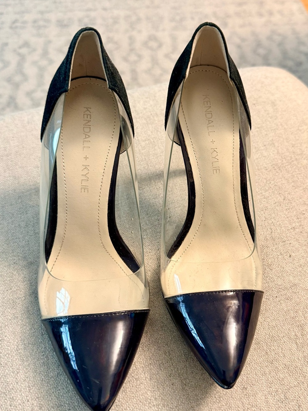 Kendall & Kylie Clear PVC Pumps with Black patent tips and heels.